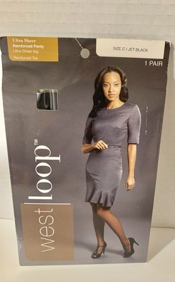WOMENS NEW WEST LOOP ULTRA SHEER JET BLACK STOCKINGS PANTYHOSE SIZE C