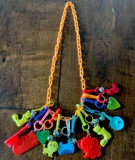 Vintage 1980's Clip On Bell Charms Plastic Chain Necklace, EUC