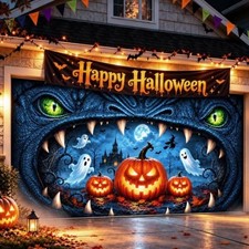 7x16 ft Garage Door Cover Decorations - Giant Monster Mouth Haunted Halloween