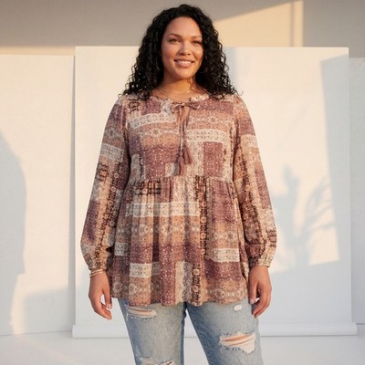 Avenue 18 NWT Blouse Boho Patchwork Flowy Tunic Bow Ruffle Tassels *New in Bag*