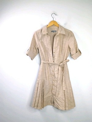 Sharagano Pleated Short Sleeve Shirt Dress Heather Tan Size 8