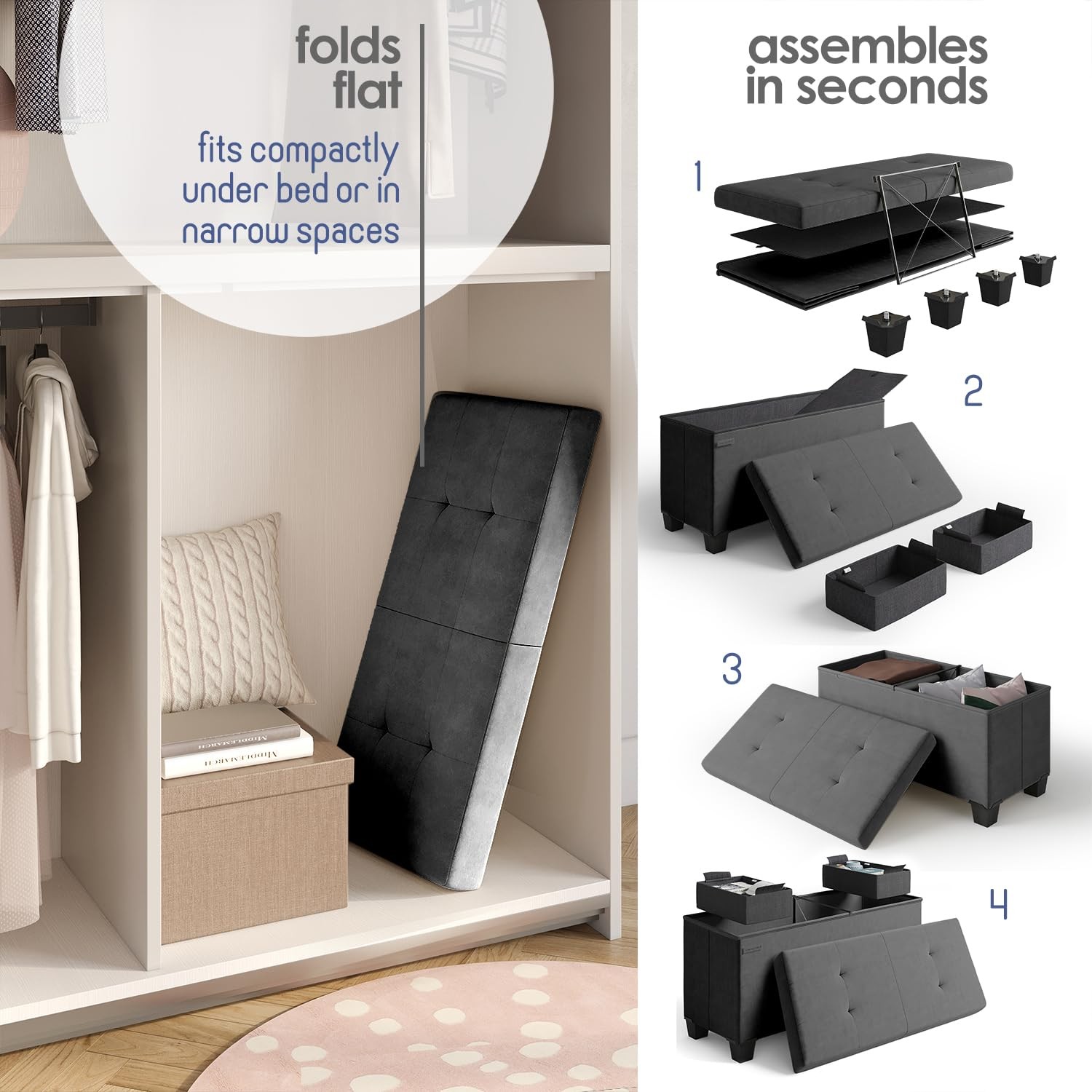 Storage Ottoman Bench with Bins, 30-in Storage Bench for Bedroom End of Bed, ...