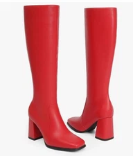 Women Gogo Boots Knee High Boots Chunky Block Heel Side Zipper Boots