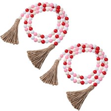 2 Pieces Valentine  s Day Wood Beaded Garland with Tassel, Farmhouse Rustic Wood
