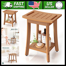 Waterproof Shower Bench with Storage Shelf, Adjustable Feet, Teak Brown
