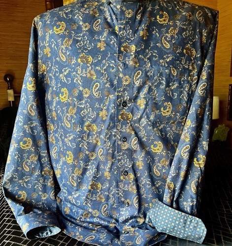 Neu mit Etikett Leo Chevalier BÜGELFREI 100 % BAUMWOLLE marineblau Large LS Paisley/Blumendruck WOW - Bild 1 von 16