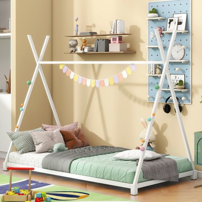 White Metal Twin Size House Platform Bed with Triangle Structure