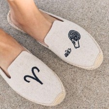 Soludos Embroidered Aries Zodiac Sign Slip On Espadrille Mules Sand & Black