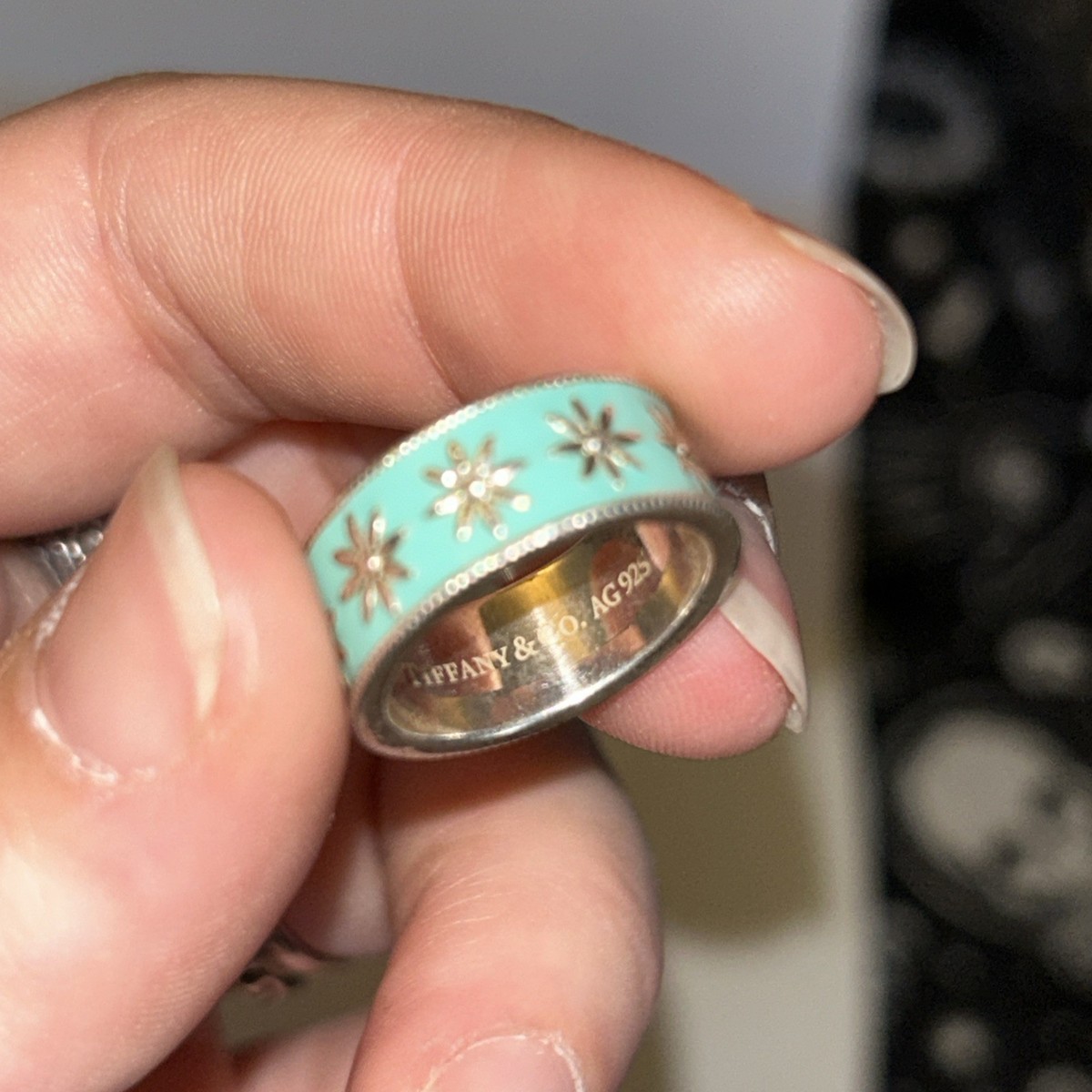 Tiffany Co Sterling Silver Blue Enamel Daisy Flower Ring 7mm Wide