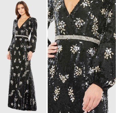 Mac Duggal Embellished Column Gown Black Size 18 Long Sleeves 93616 NWT $1598