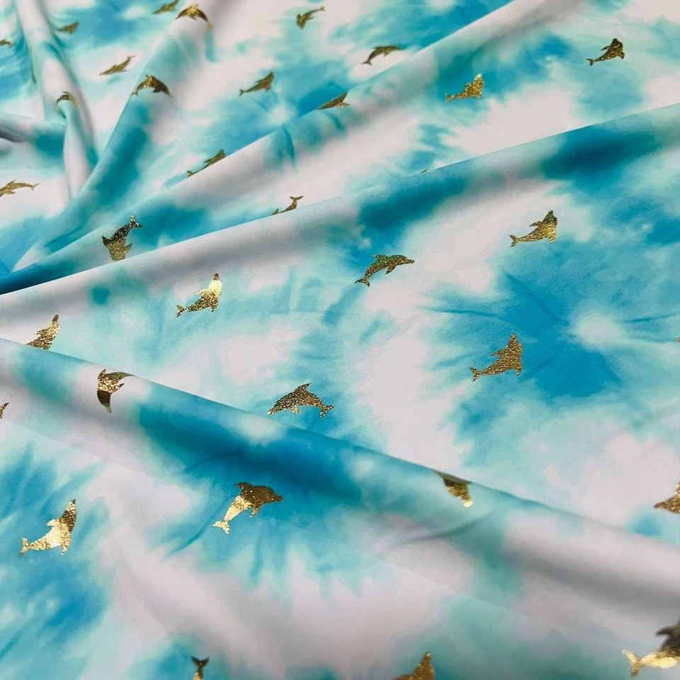 Baby Blue & White Tie Dye Dolphins print Spandex Fabric Stretch Swimsuit By Yard - Image 4 of 4