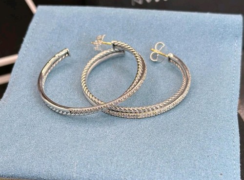 David.Yurman 925 Sterling Silver 44mm XLarge Crossover Pavé Hoop Earrings