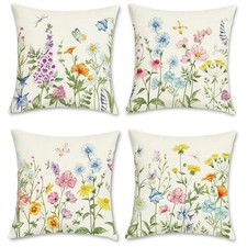 Spring Floral Throw Pillow Covers 18 x 18 Inch Colorful Flowers Leaves