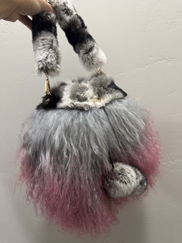 Handmade Real Mongolian Lamb Fur Drawstring Bucket Bag Includes 2 Strap Styles - Picture 11 of 15