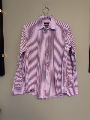 Hugo Boss Orange Blue Salmon Striped Dress Shirt Egyptian Cotton Size 40 15 3/4