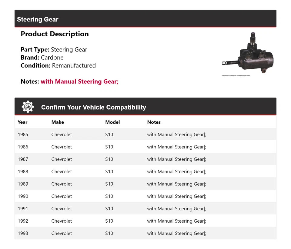 Para Chevrolet S10 1985-1993 engranaje de dirección Cardone 1986 1987 1988 1989 1990 1991 Foto 2 de 4