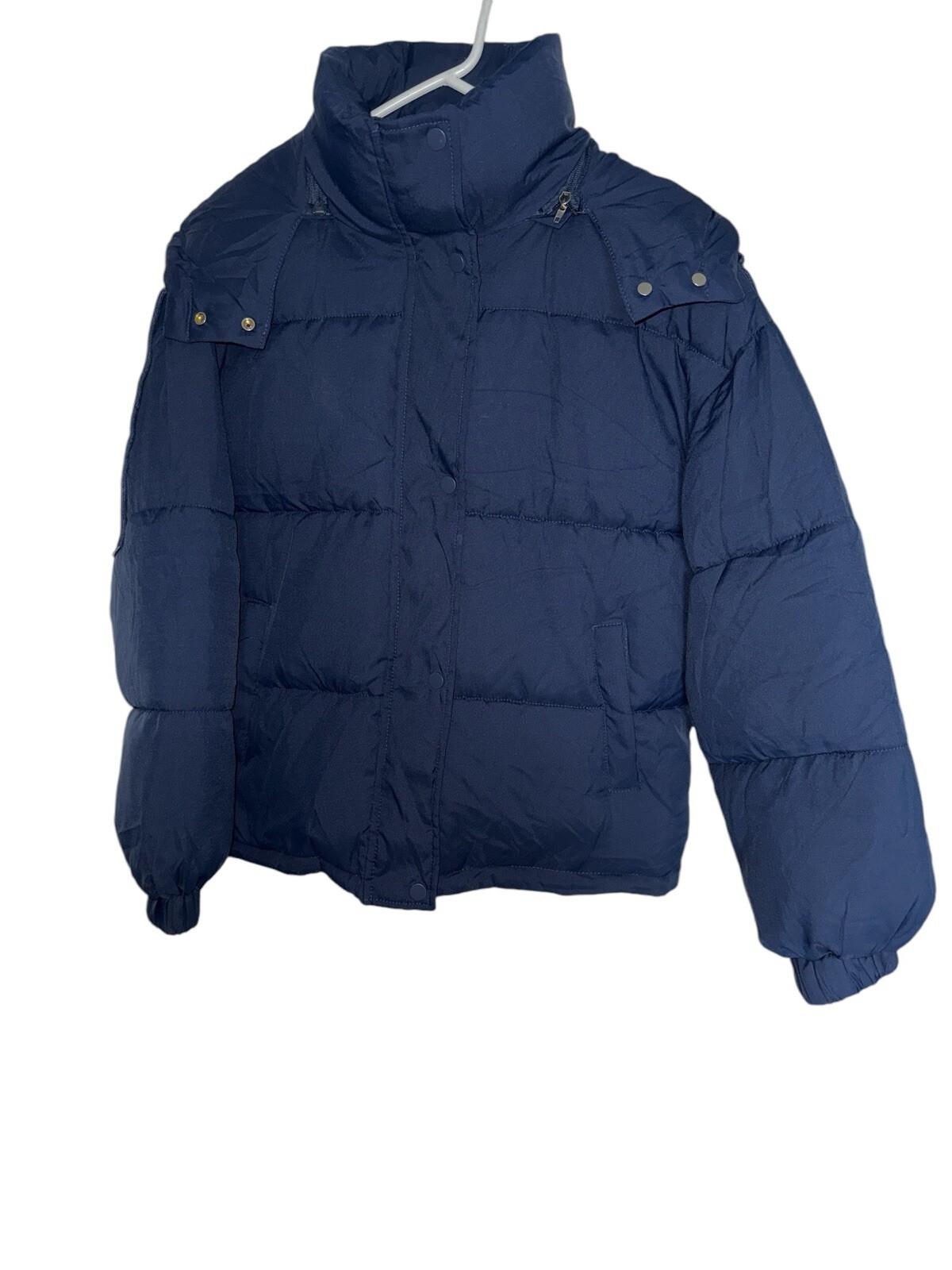 Puffer Jacket Size Medium Blue Detachable Hood Two Pockets Full Zipper Gorpcor-image