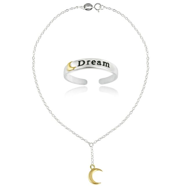 Argent Sterling Bicolore Lune Dream Bracelet de Cheville Et Orteil Bague Parure Argent Sterling Bicolore Lune Dream Bracelet de Cheville Et Orteil Bague Parure