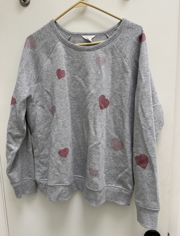 Caslon Crew Neck Pullover Valentine's Sweatshirt Women L Embellished Hearts Gray