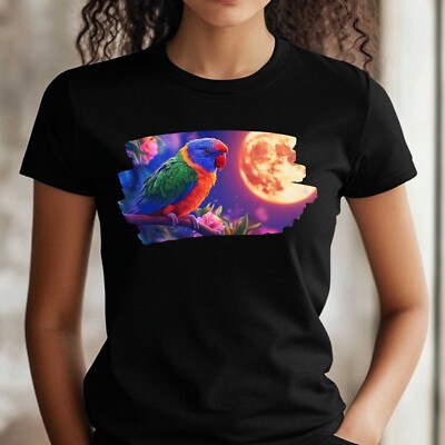 Frauen T-Shirt Regenbogenlori und Vollmond Motiv Baumwolle Größe S bis 3XL