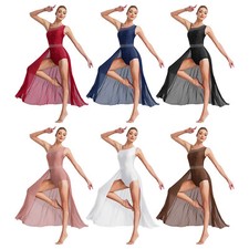 Womens Leotard Solid Color Dress Prom Bodysuit Lyrical Asymmetrical Shoulder