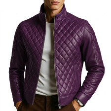 Leather Jacket Men's Biker Motorcycle Style Men Slim Fit Racer Vintage Purple 52