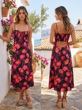 kensie Women's Neon Floral Printed Smocked Sleeveless Midi Slip Sundress Size 8