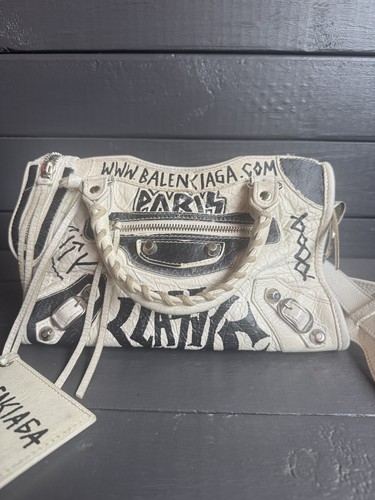 Balenciaga City Mini Graffiti Bag White 6” x 9”