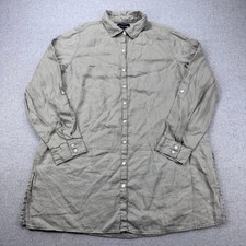 Tahari 100% Linen Button Down Tunic Shirt Sz M Olive Longline Top Roll Tab