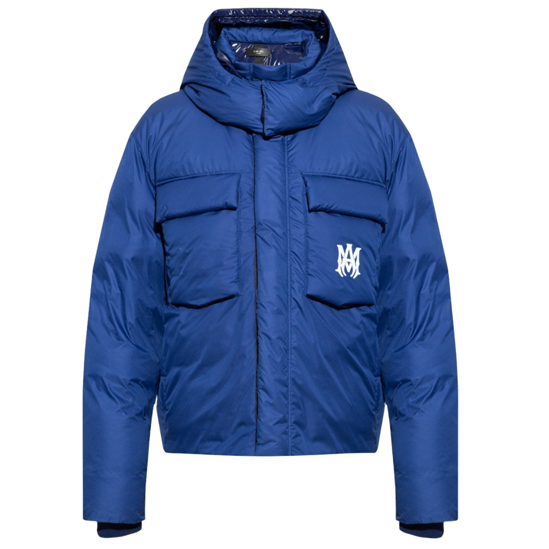 Синий пуховик с капюшоном и смелым логотипом Amiri 271990₽