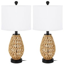 Coastal Table Lamps Set of 2, Retro Rattan Woven 24" Bedside Lamp, for Bedroom