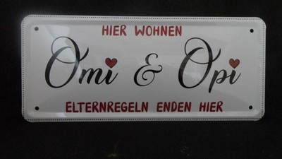 Blechschilder *** Hier wohnen Omi & Opi*** Elternreglen enden hier 28*12cm
