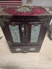 Vintage Chinese Rosewood Jewelry Box w/ Jade Panels Brass Trim & Silk Lining