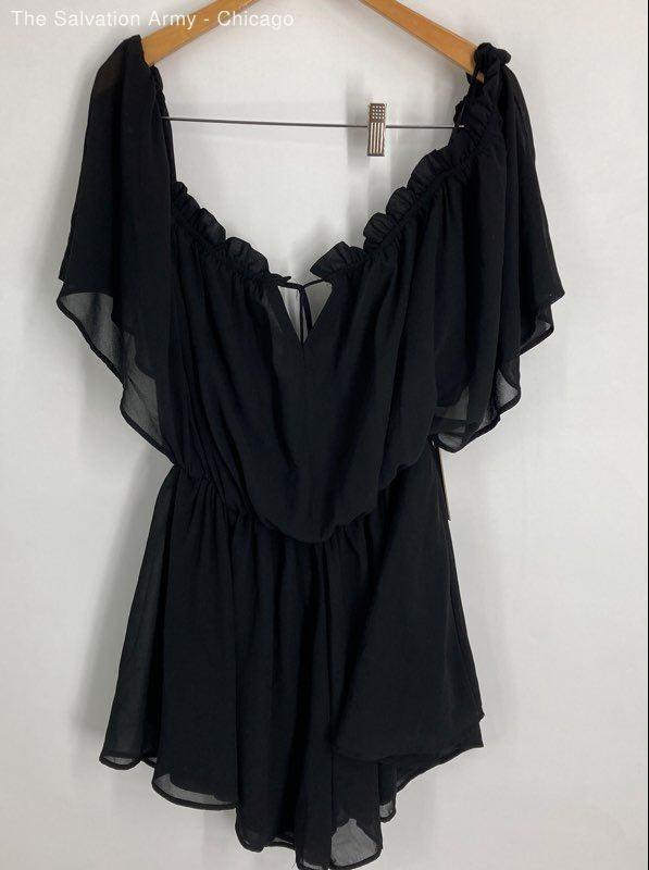 DO+BE Womens Black V-Neck Ruffle Short Sleeve One-Piece Romper Size Medium