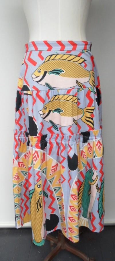 EVA FRANCO Anthropologie Fish Ocean Tiered Midi Skirt Colorful Art Print Size10