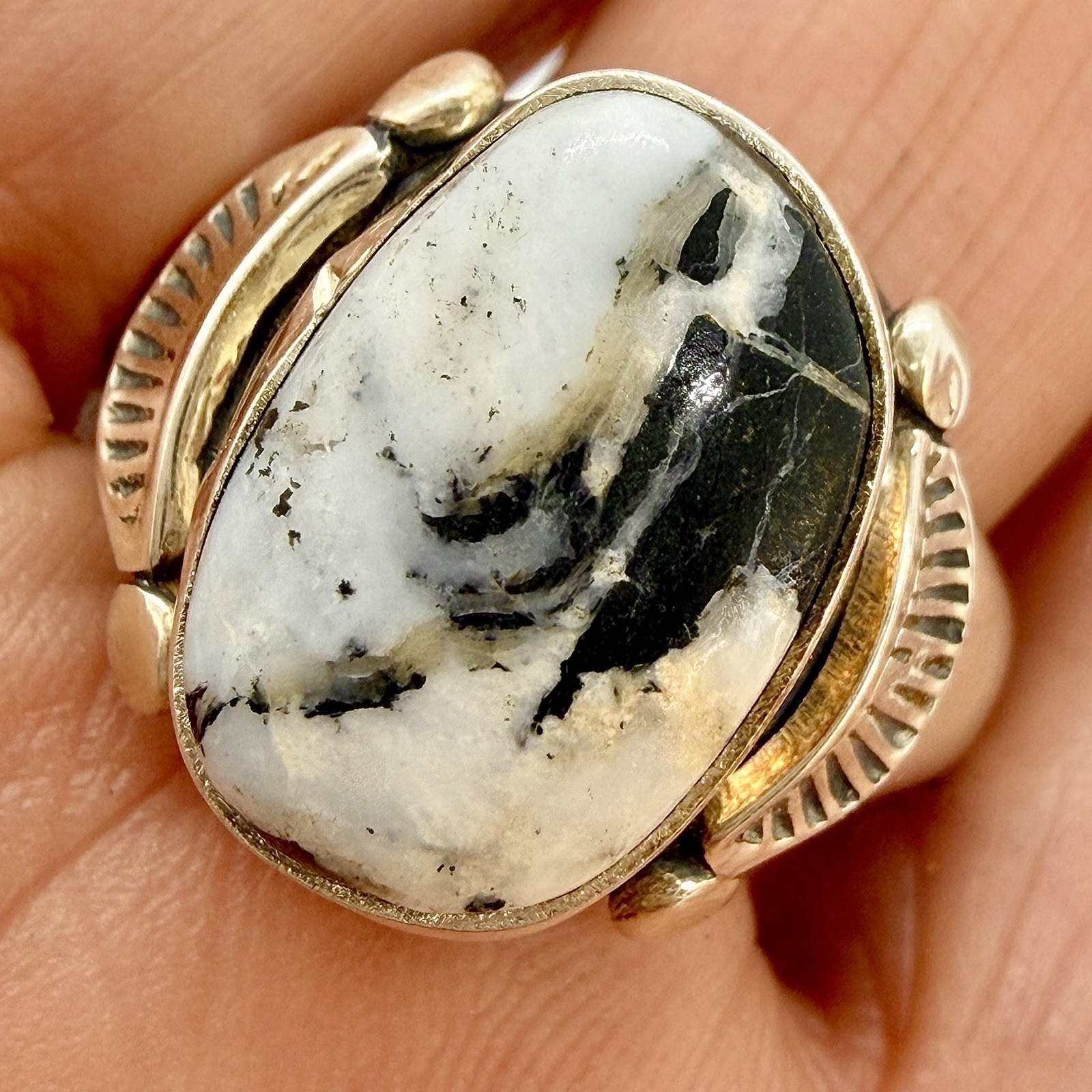 Navajo White Buffalo Turquoise  Mens Ring Sz 13.5 Sterling Signed A Tolino 10g