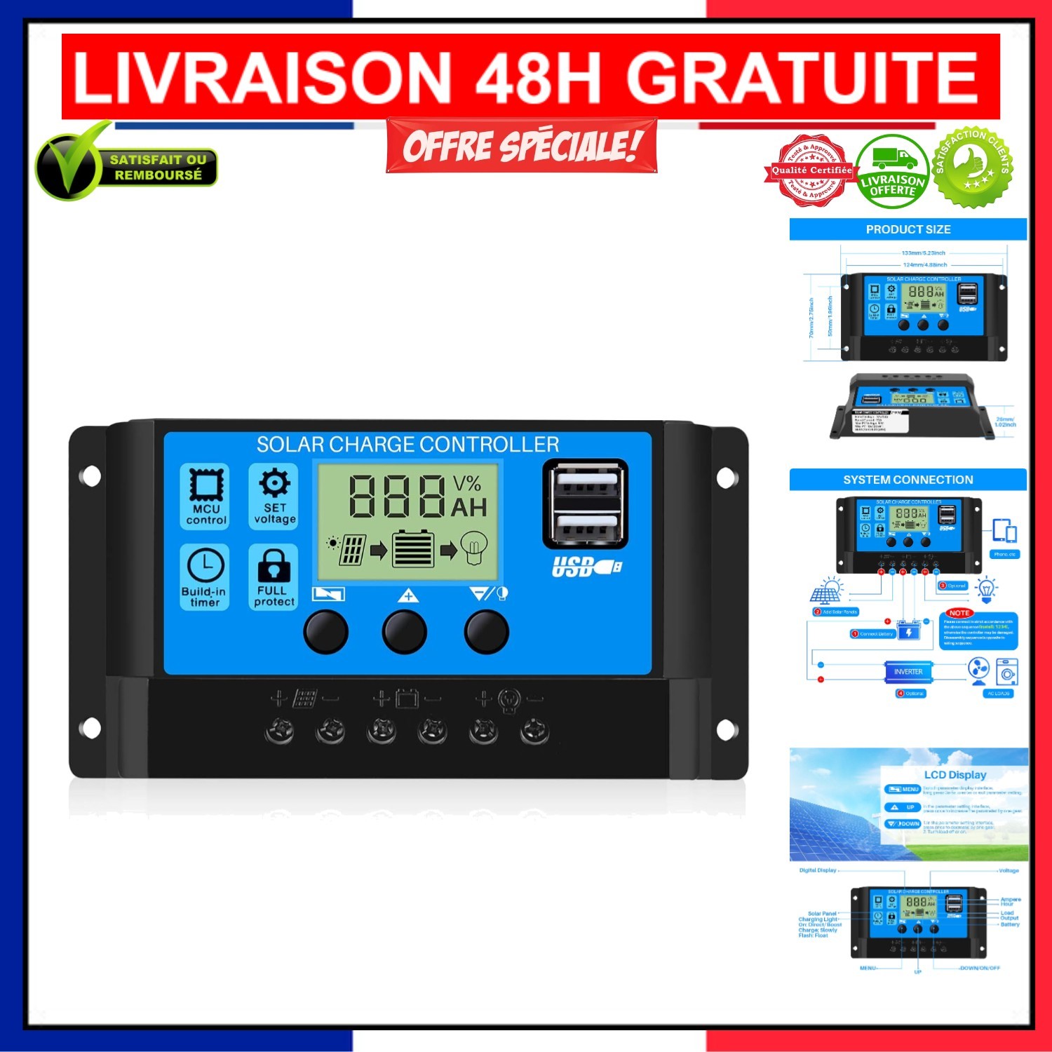 Régulateur de charge solaire 30A PWM contrôleur de panneau photovoltaïque et batterie plomb