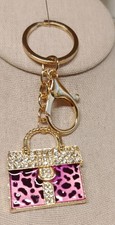 Mini Handbag Bag Charm Keychain Keyring Pink Enameled Leopard Gold Tone Bling EC