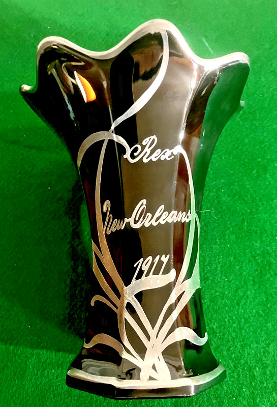 Rex 1917 New Orleans Mardi Gras Krewe Favor Black Glass/Silver Overlay Ex/Con