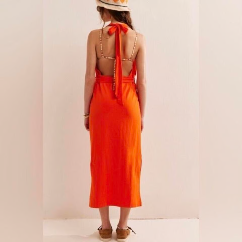 tangerine tango bridesmaid dresses Hunter Bell Amal Dress | Tangerine Spaghetti Strap Midi Dress