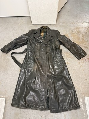Vintage German Polizei Leather Overcoat Trench Coat Green Belted 1950s 60s XL