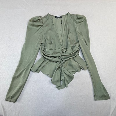 Missguided Sage Green Ruched Peplum Blouse Puff Sleeve V-Neck Sz 6 Romantic