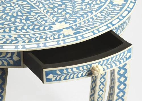 Vivienne Blue Demilune Table with Bone Inlay - Picture 2 of 5