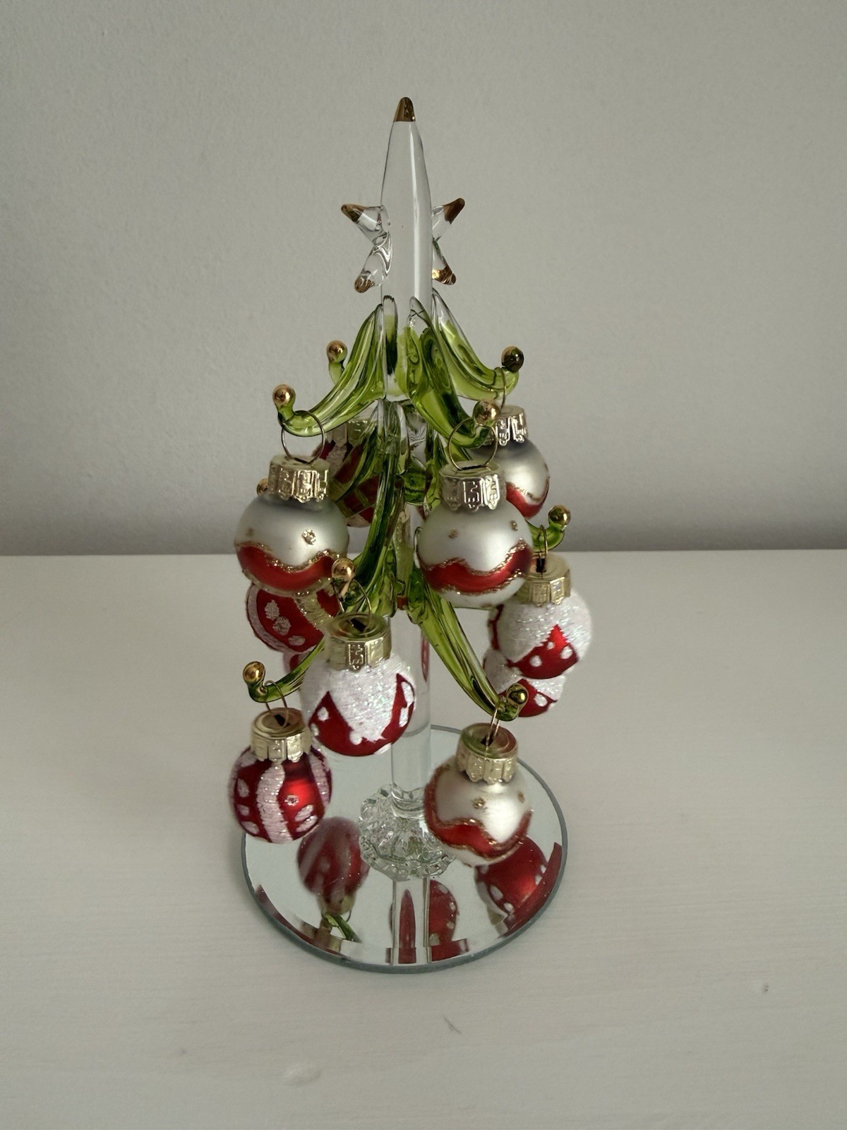 ✿ Glass Tabletop Christmas Tree w Mini Glass Ornaments Red White Gold Decor