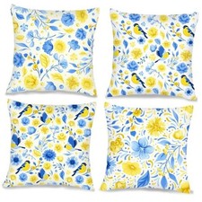 Blue and Yellow Floral Bird Pillow Covers 18" x 18" Pack of 4 Blue Yellow