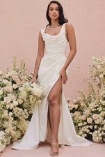 House of CB Delphine Ivory Satin Cowl Neck Corset Column Sheath Wedding Dress M