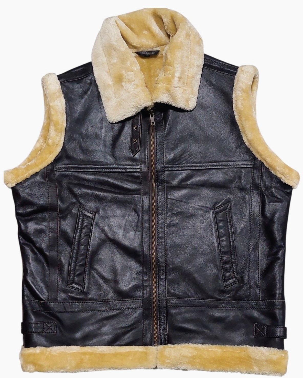 Mens Leather Vest Real Leather Faux Fur Stylish Biker Zipper Aviator Bomber Vest