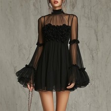 Floral Embroidered Sheer Lace Dress with High Neck and Flared Sleeve