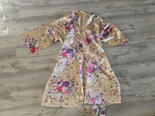 Floral Satin Kimono Robe Sz XL Lightweight Beige Purple Belted