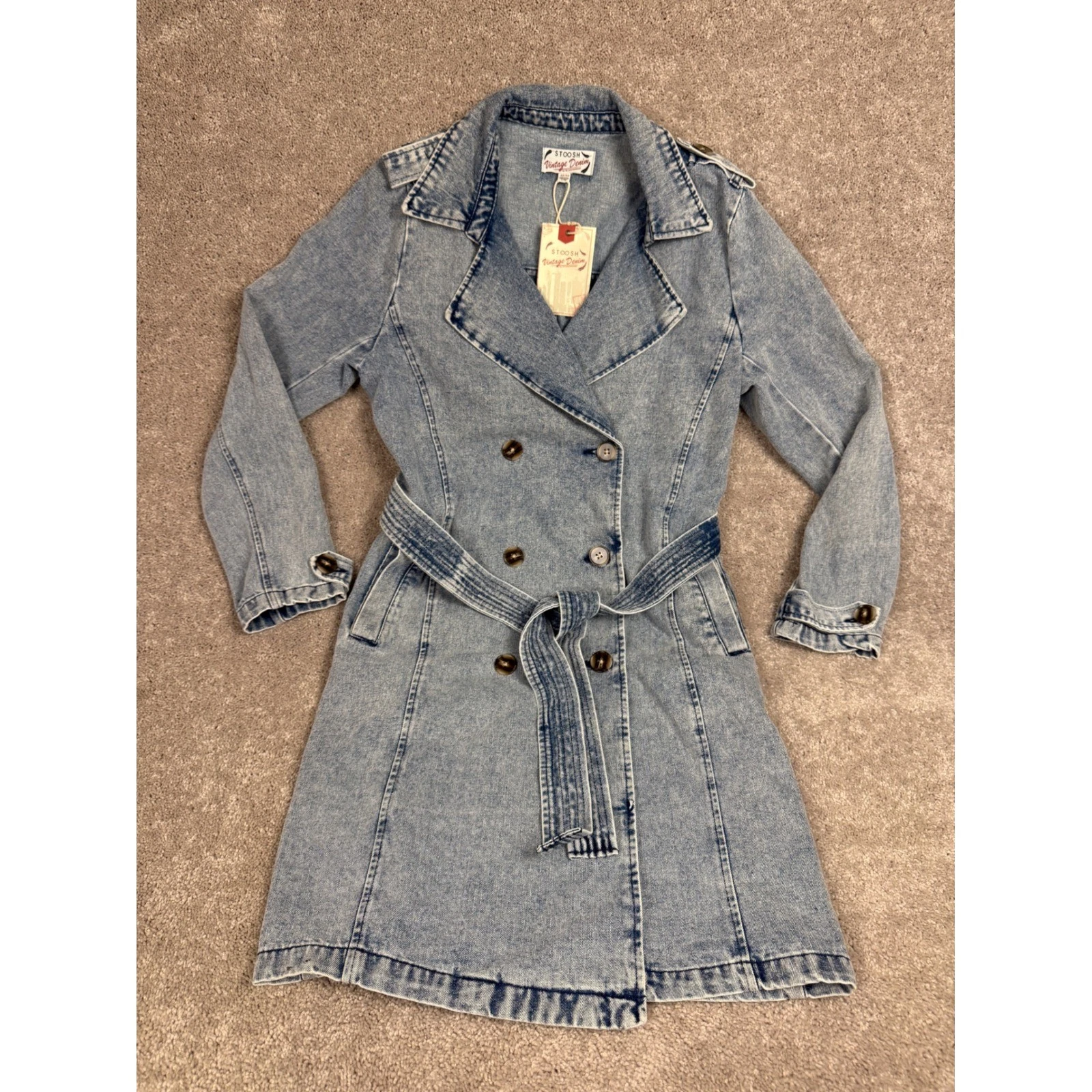 Stoosh Vintage Denim Double Breasted Trench Coat Med Wash Blue V14993 NWT M